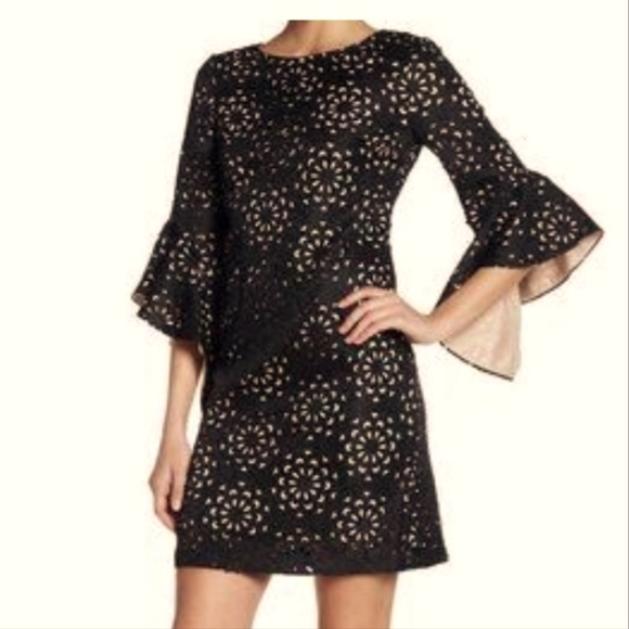 Jax Black Label Women's Black Laser-Cut Jacquard Bell-Sleeve Dress Size 16 - Picture 1 of 6